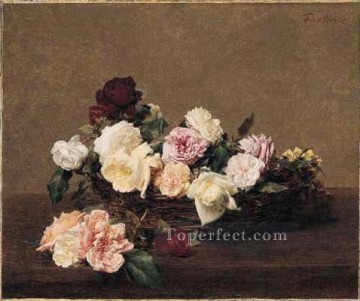  Cesta Arte - Una cesta de rosas pintor de flores Henri Fantin Latour